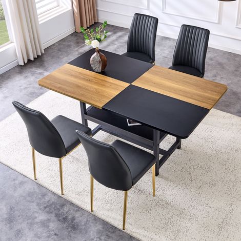 Juego de comedor rectangular (160x90x76 cm), con 4 sillas, almacenamiento integrado, MDF y metal, PU negro y dorado (1/5)