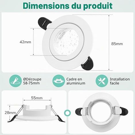 Spot Encastrable GU10 Set, Aluminium Cadre Spot LED Encastrable avec Douille GU10, Blanc Rond Cadre de Montage Spots de Plafond Trou 58-75mm pour Extérieur (1/4)
