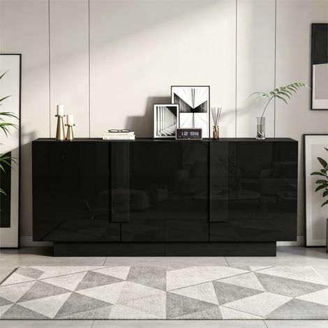Buffet salon 160x35x60 cm noire aggloméré 3 portes 6 compartiments rangement finition brillante facile à nettoyer (1/5)