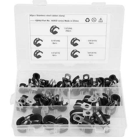Lot de 42 colliers de serrage type R en acier inoxydable, 5 tailles : 1/4in, 3/8in, 1/2in, 5/8in, 5/16in (1/5)