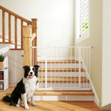 Barrière de sécurité extensible pour chien, 76–82/86–97/101–107 cm, fixation par pince, métal et plastique, blanche (1/5)