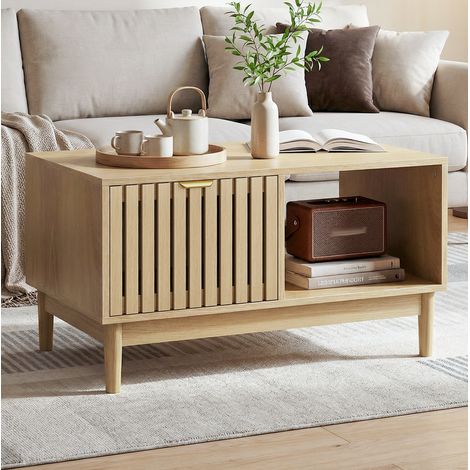 Couchtisch 80x50x45 cm Eiche, 1 Schublade und offene Ablagen, MDF und Holz, MEUBLIV (1/5)