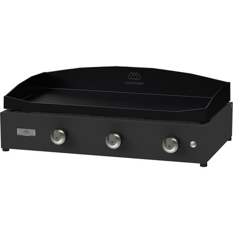 Le Marquier – Plancha à gaz 3 brûleurs inox 7,2 kW – Plaque en fonte émaillée inclinable 75 x 40 cm – Allumage piézo électronique – Châssis acier époxy noir (1/5)