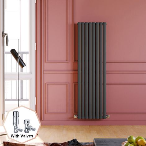ELEGANT 1600 x 480 mm Anthracite Vertical Column Radiator Low Carbon Steel Radiator Single Oval Panel Designer Radiator + Chrome Thermostatic Radiator Valves (1/5)