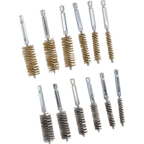 Lot de 12 brosses de nettoyage pour perceuse électrique, en cuivre et en fer, avec poils en acier inoxydable 304 et manche à tige hexagonale. (1/5)
