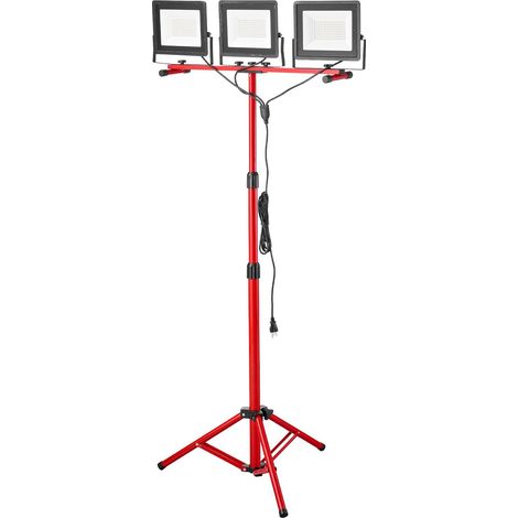 Lampe de chantier LED sur trépied, 15000 lumens, trois têtes orientables avec interrupteurs individuels, cordon 3,3 m, étanche IP65, pour usage intérieur/extérieur. (1/5)