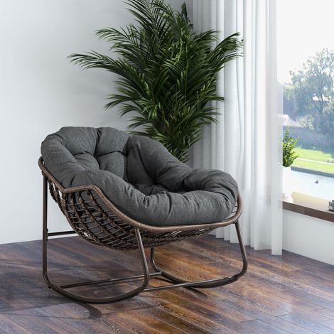Silla mecedora de jardín de acero gris con cojín grueso y asiento extra ancho (1/5)