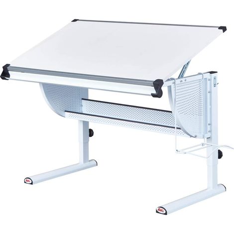 Bureau réglable en hauteur - Bureau enfant - Bureau élève - Plan de travail inclinable - Rangement pour cartables - En métal blanc - Applications vert, rose et blanc - 3in1 (1/5)
