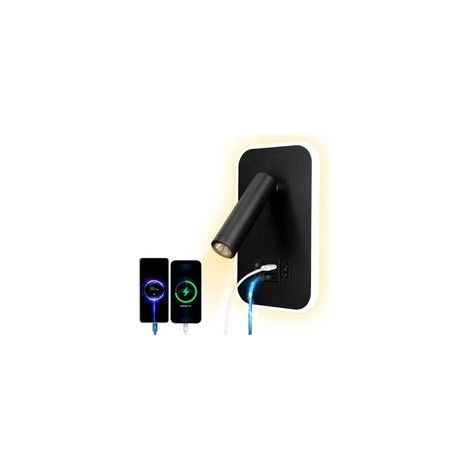 LED lampe de lecture lampe murale USB type - C double interrupteur de bouche de charge réglable 12W spot LED 3000k lampe murale aluminium lit lumière pivotante (Rectangulaire noir) [Classe énergétique