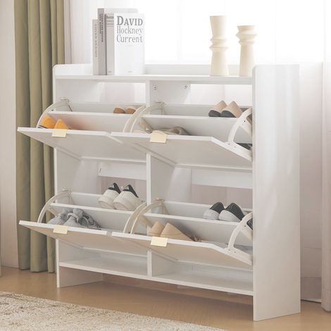 Meuble à chaussures blanc 110x90x24 cm avec 4 portes basculantes, rangement chaussures compact, étagères ouvertes et design moderne pour entrée (1/5)