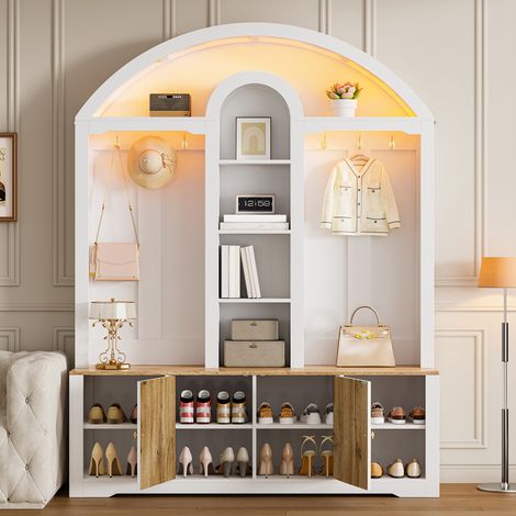 Armoire multifonction pour vêtements/entrée avec range-chaussures, étagères et crochets. Armoire d’entrée en MDF robuste au design moderne et au rangement pratique. (1/5)