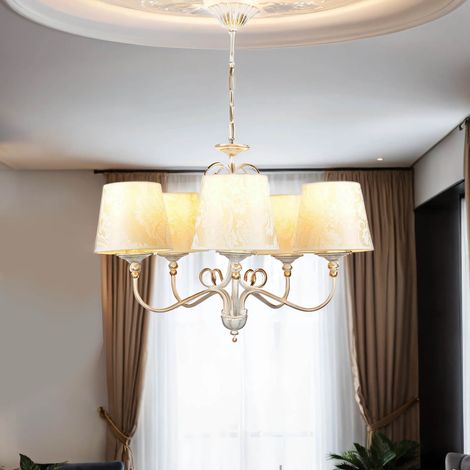 Kronleuchter Shabby Gold Ecru E27 Stoff Schirm Metall Klassisch Pendelleuchte Esszimmer Wohnzimmer Schlafzimmer