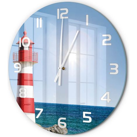 Horloge Murale Ronde Décoration Cuisine en Verre Trempé Silencieuse Moderne Phare fi 60 cm (1/5)