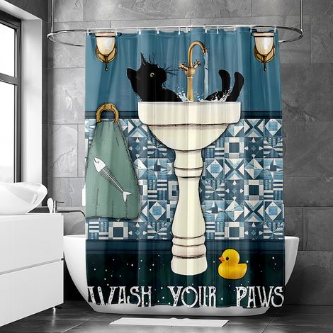 Rideau de douche motif chat dans baignoire rétro, tissu salle de bain imperméable, 180x180 cm (1/5)