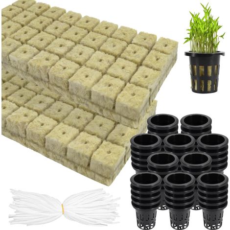 72 cubes de laine de roche pour culture hydroponique, 72 godets de laine de roche de 2,5 cm, 50 paniers de culture, 50 mèches de coton auto-arrosantes de 3,8 cm pour système hydroponique.