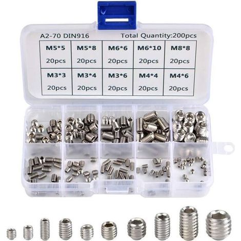 200Pcs Vis Allen Acier Inoxydable Vis Sans Tête Hexagonale Set Métriques Accessoires Métalliques Professionnelles M3 M4 M5 M6 M8 (1/4)