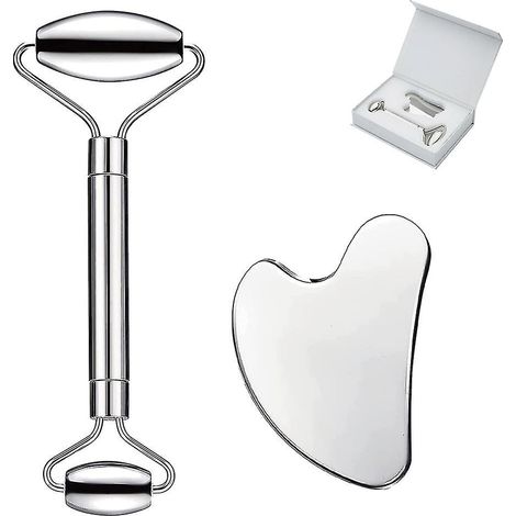 Ensemble Gua Sha en acier inoxydable et rouleau de massage facial pour le visage, les yeux et le cou, outils de massage faciaux pratiques pour les soins du corps (1/5)