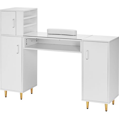 VEVOR Manicure Table, Glass Top Nail Desk, Makeup Dressing Nail Station with Storage Cabinets, Acetone-Resistant Nail Tech Table for Spa Beauty Salon Workstation with Wrist Rest, 8 Metal Legs, White (1/5)