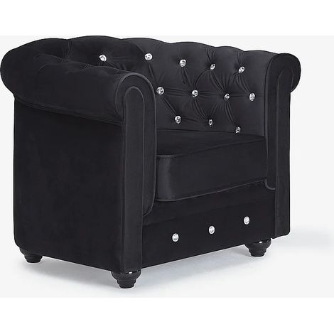Vente-Unique – Fauteuil relax Chesterfield en velours noir – Dossier capitonné – Charge maximale 120 kg – Dimensions 85x72x78 cm (1/5)