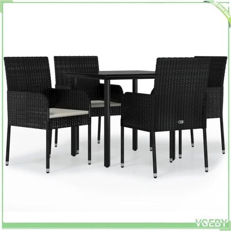 Ensemble de salle à manger de jardin - FAFEICY - 3185156 - Résine tressée noir - Coussins crème - Table verre trempé (1/5)