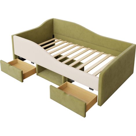 Cama multifunción 90 x 190 cm con 2 cajones, terciopelo verde oscuro/marfil, sin colchón (1/5)