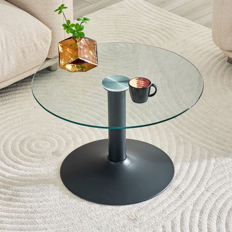 Table basse fixe ronde 70x70x45 cm en verre trempé et métal noir, moderne pour salon FloraGrace (1/5)