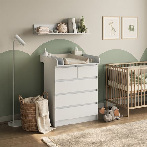 Vicco – Commode à langer Emma 80x110,2cm – 5 tiroirs – Panneau de particules 16mm – Revêtement résine mélamine – Blanc