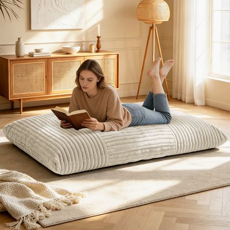 Pouf convertible XXL rembourré en tissu doux – Idéal pour détente, famille, salon ou chambre, transformable en repose-pieds ou siège (1/4)