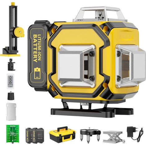 Niveau Laser Chantier Autonivelant 360° x 4, Lazer Niveaux 4D 16 Lignes Laser, Autonivellement et Mode Pulsé Extérieur, 2 x Batterie, Nivellement Automatique, Support Rotatif, Télécommande (1/5)