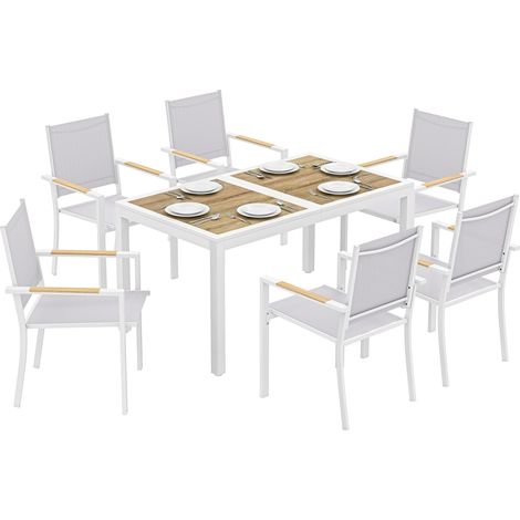 Outsunny conjunto de mesa y sillas jardín de 7 piezas, con mesa de plástico pspc, 6 sillas apilables transpirables, marco de acero, blanco