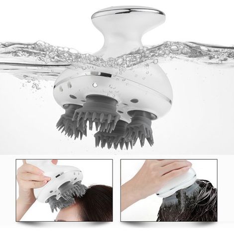 Kopfmassagegerät aus ABS und Silikon mit 4 Zinken für eine vibrierende Knetmassage, wiederaufladbar und wasserdicht.