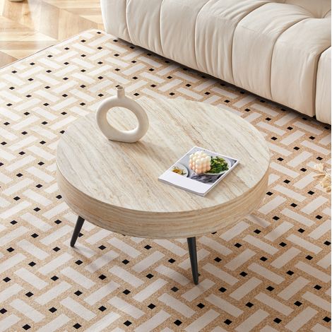 Tavolino da caffè rotondo 70x70x35.5 cm nero effetto travertino chiaro in MDF e metallo con piedini regolabili (1/5)