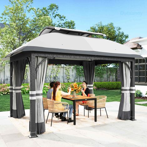 Gazebo de jardin 4 x 3 m avec moustiquaires et double toit. Fabriqué en métal et polyester gris clair.
