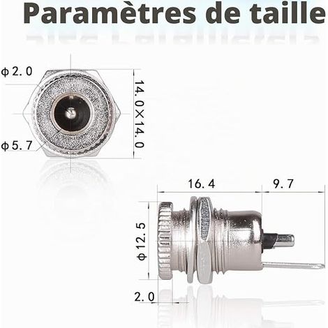 Prises Femelle d'Alimentation DC 5.5mm x 2.1mm, 12 Volt en Métal, Fiche à Souder Panel Mount Connecteur Basse Tension, avec Capuchon Antipoussière (1/4)