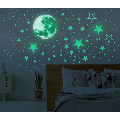 Autocollants Muraux Luminiscents - Lune et Étoiles - 437 Pièces - Décoration Chambre Enfants - Pour Plafond ou Mur - PVC Sans Toxique - Diamètre 20 cm (1/5)