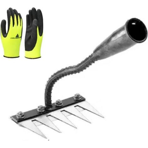 5 dentsRâteau de désherbage de jardin en acier au carbone avec gants en polyester, râteau de jardin en métal robuste, râteau en fer pour le désherbage de jardinage, râteau de jardinage, gants enduits (1/4)