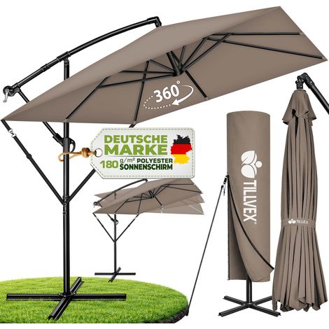 tillvex® Alu Sonnenschirm Rechteckig Ø 330 cm Cappuccino + Abdeckung mit Kurbel  Ampelschirm Eckig mit Ständer & Windschutz  Gartenschirm UV-Schutz Aluminium  Kurbelschirm Marktschirm wasserdicht 360°