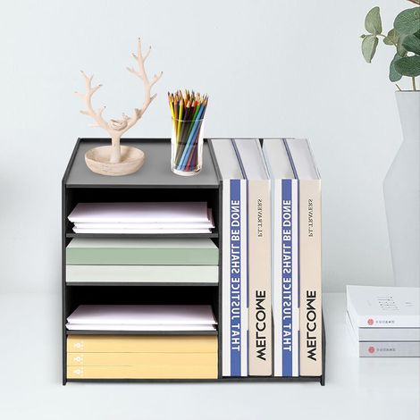 Desktop File Holder Organizer Document Mail Sorter PVC Magazine Organizer Rack with Detachable Layer Board, 4+2 Tiers (Horizontal + Vertical), 39 31 30cm, Black (1/5)
