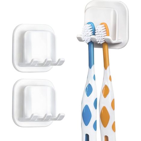 Lot de 2 porte-brosses à dents muraux, BIAHE, organisateur de porte-brosses à dents auto-adhésif, porte-brosses à dents suspendu en plastique pour salle de bain, douche, miroir, camping-car (blanc) (1/5)