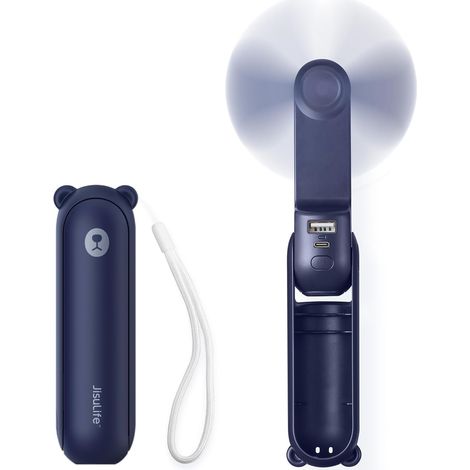 Mini ventilador portátil, ventilador de mano 3 en 1, ventilador de bolsillo recargable, ventilador a batería [14-21 horas de funcionamiento] con función de batería externa, función de linterna - azul
