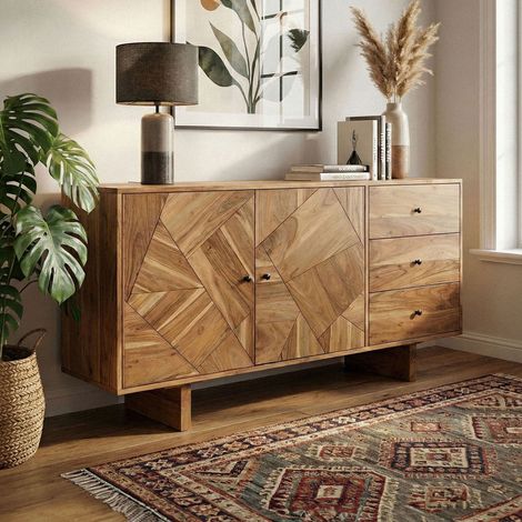 Buffet géométrique 2 portes 3 tiroirs 150x45x75 cm en bois d'acacia (1/5)