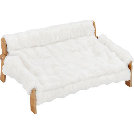 Canapé pour chien et chat en bois - 70x47x30 cm, blanc - Lit surélevé, coussin amovible en peluche, pieds antidérapants - Pour intérieur - Design confortable (1/5)