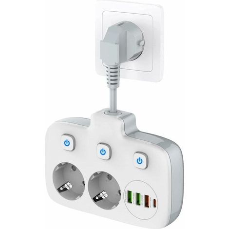 Single Switch Power Strip 2 Compartments, Power Strip with 3 Switches, Double Wall Socket with 4 USB, OUYLAF, Plug Adapter with Surge Protection, Child Safety (1/5)
