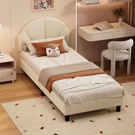 Lit enfant rembourré en velours 90 x 200 cm, avec tête de lit réglable en hauteur, lit simple, sommier à lattes et structure métallique, adapté aux garçons et aux filles, sans matelas, couleur beige (1/5)