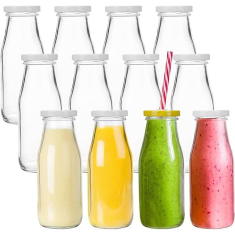 Set mit 12 Smoothie-Flaschen, Glas-Saftflaschen, Milchflaschen und Likörflaschen mit 12 wiederverwendbaren Strohhalmen und 24 silbernen Deckeln – 325 ml (1/3)