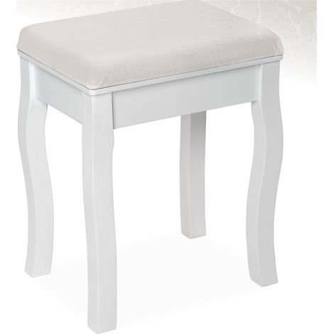 Tectake – Tabouret en bois massif pour coiffeuse – Coussin rembourré 4,8 cm – Dimensions 40x30x51 cm – Peinture blanche élégante (1/5)