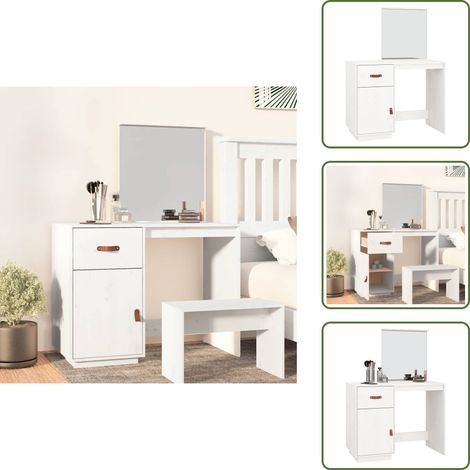 The Living Store Toeletta Bianca 95x50x134 cm in Legno Massello di Pino - Specchio da toeletta