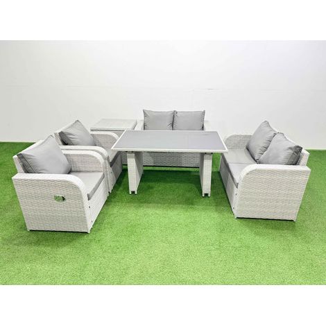 Fimous Outdoor PE Rattan Sofa Reclining Chair Set Patio Garden Furniture Sets with Cushions Side Table Light Grey 6 Pieces (1/3)