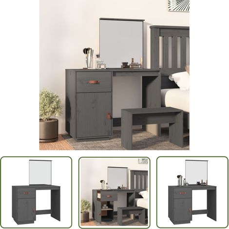 The Living Store Coiffeuse Gris 95x50x134 cm Bois de pin massif - Coiffeuse - Meuble Salle De Bain - Table Maquillage - Commode - Armoire Rangement (1/5)
