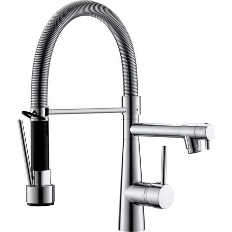 Robinet de cuisine à LED, douchette extensible avec blocage, pivotant à 360°, jet rétractable, haute pression, noir